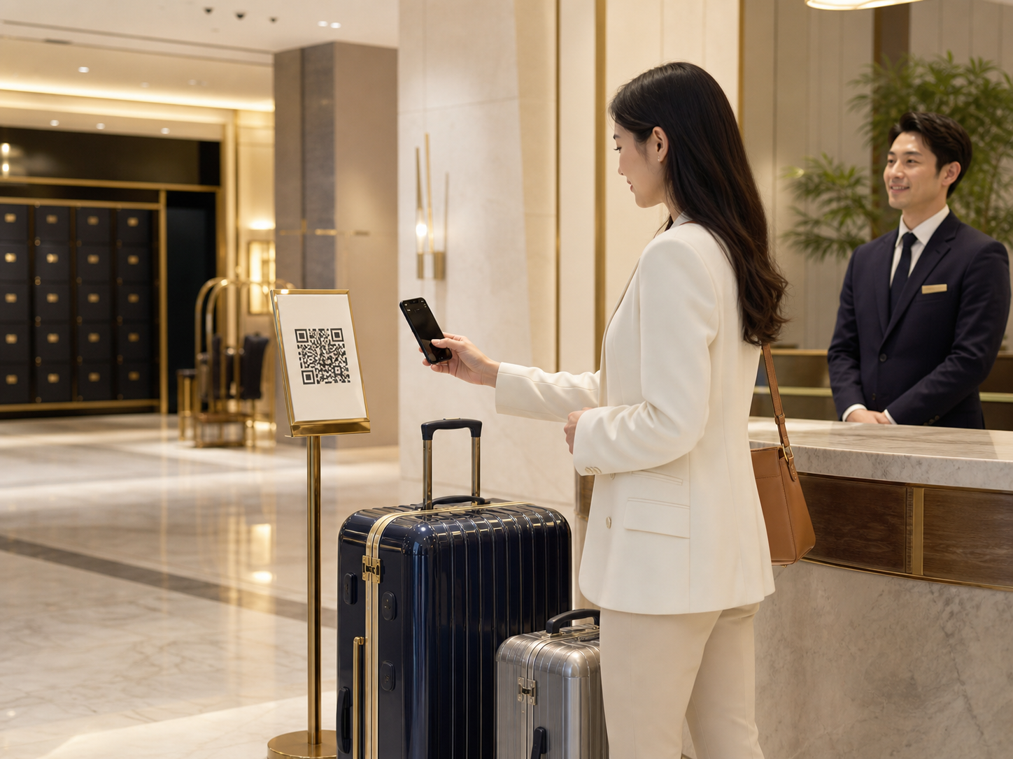 ホテルロビーでQRコードを読み取り荷物配送を依頼する旅行者