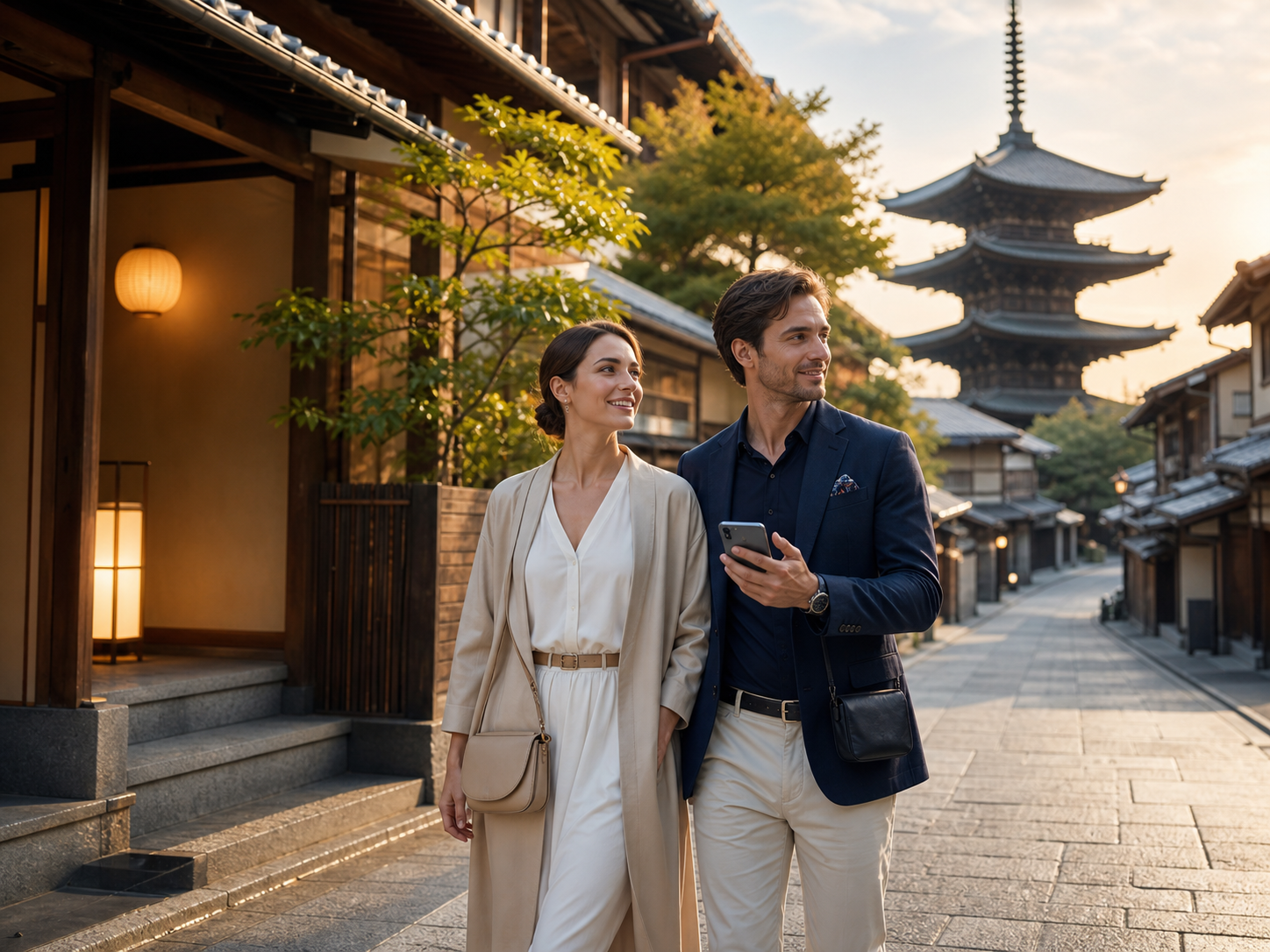 京都の街並みを手ぶらで歩く旅行者