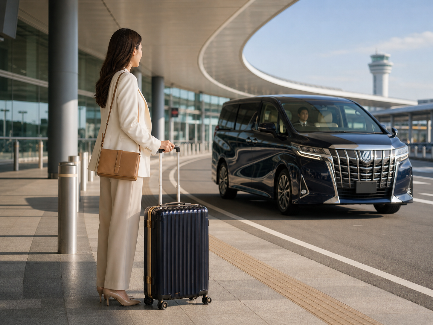 空港のロータリーでキャリーケースをそばに置き配送車を待つ旅行客